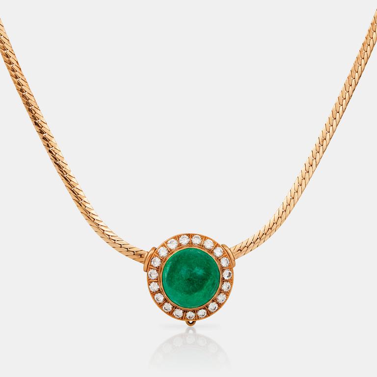 A circa 30.00 ct, probably Colombian, cabochon-cut emerald and circa 3.00 ct brilliant-cut diamond necklace.