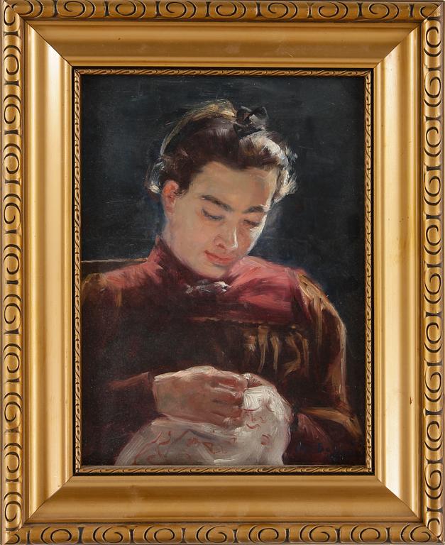 OKÄND KONSTNÄR, olja på pannå, otydligt signerad och daterad 1890.