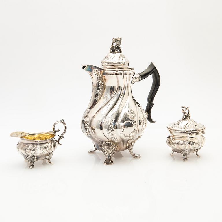 Coffee service, 3 pieces, silver, Rococo style, 1960s.