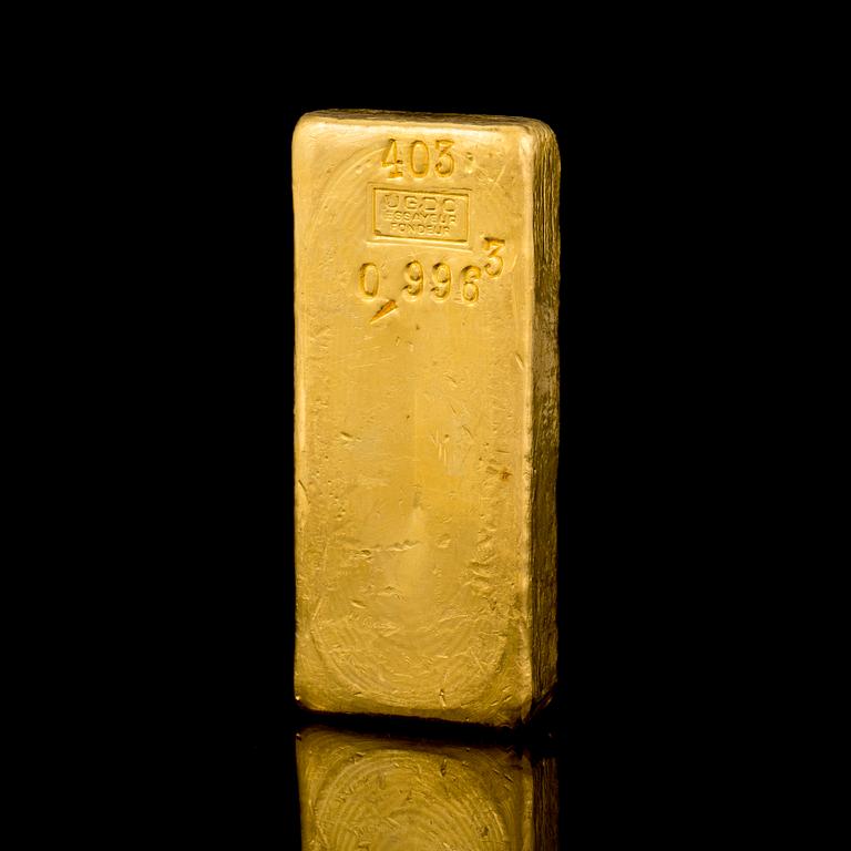 A 23K gold ingot, 1003 g, Ugdo essayeur fondeur.