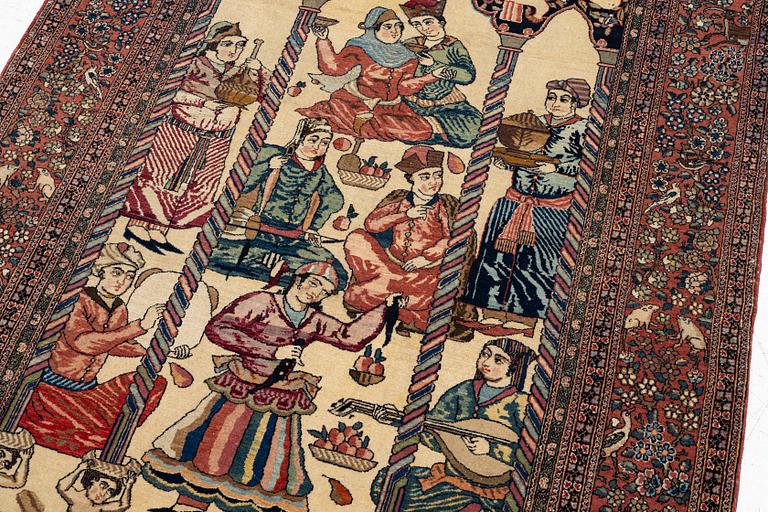 An antique pictoral Isfahan carpet, Central Persia, "Yusuf & Zuleika", c. 208 x 142 cm.
