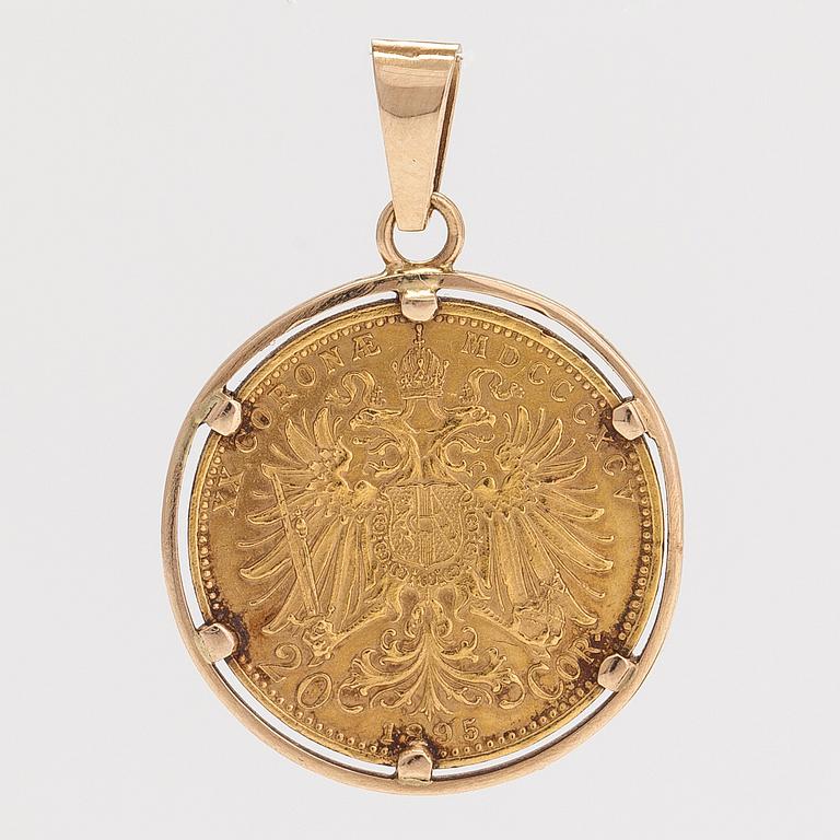 A ca 21K (.900) and 14K gold coin pendant, Franz Joseph I, Austria-Hungary, 1895. 20 Corona.