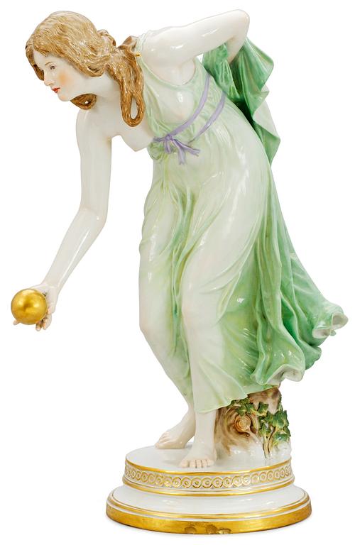 A Walter Schott Art Nouveau porcelain figure, 'Kugelspielerin', Meissen, Germany circa 1900.