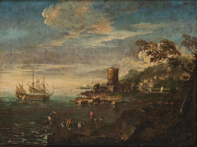Salvator Rosa, Harbour scene with figures and boats.