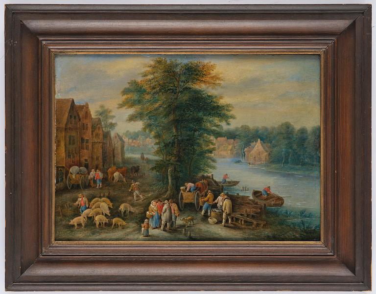 Theobald Michau, attributed to, Landscape with figures, domesticated animals, and boats by the river.