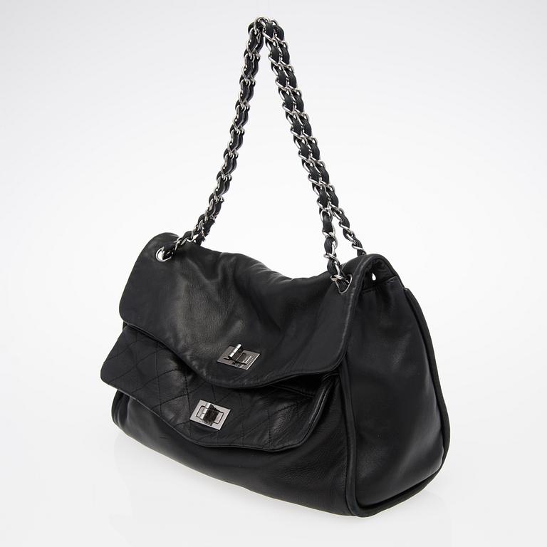 A Black Leather Double Mademoiselle Lock Flap Bag.