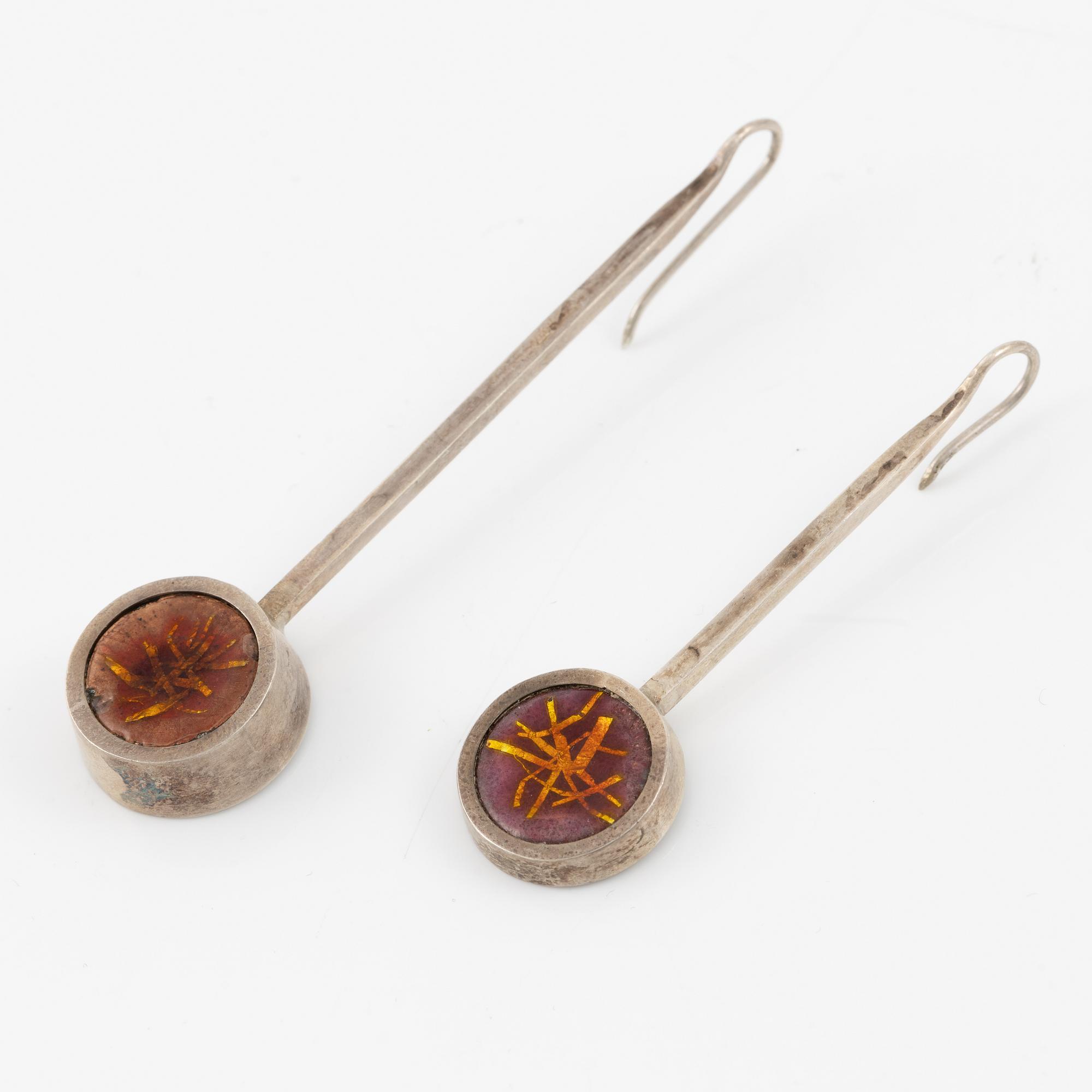 Lars Arrhenius, three pendants and a pair of earrings, sterling silver and enamel, Gothenburg, among others, 1969 and 1972.