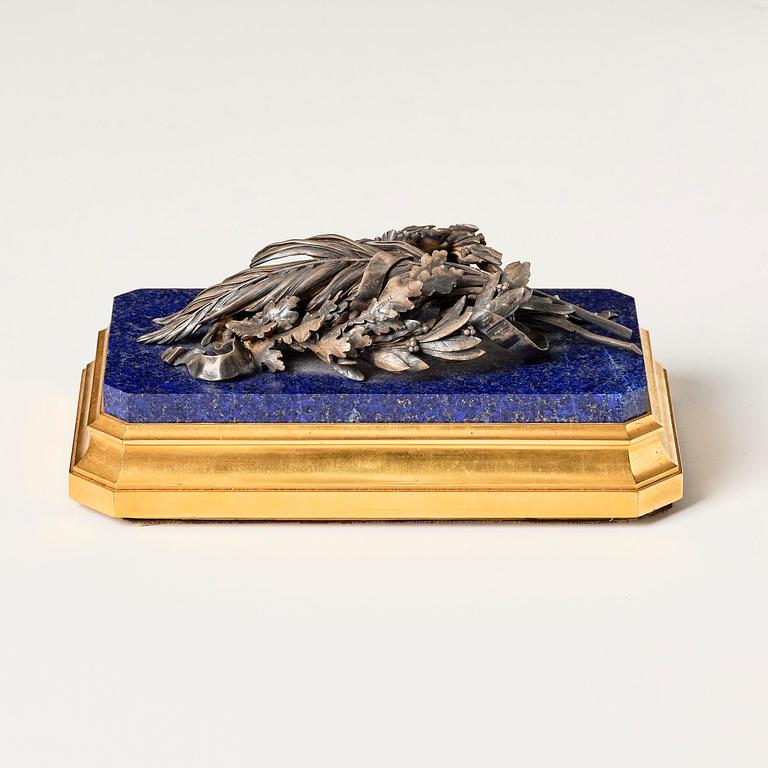 An ormolu, lapis-lazuli and silver paperweight by Fannière Frères (Paris 1839-1900).