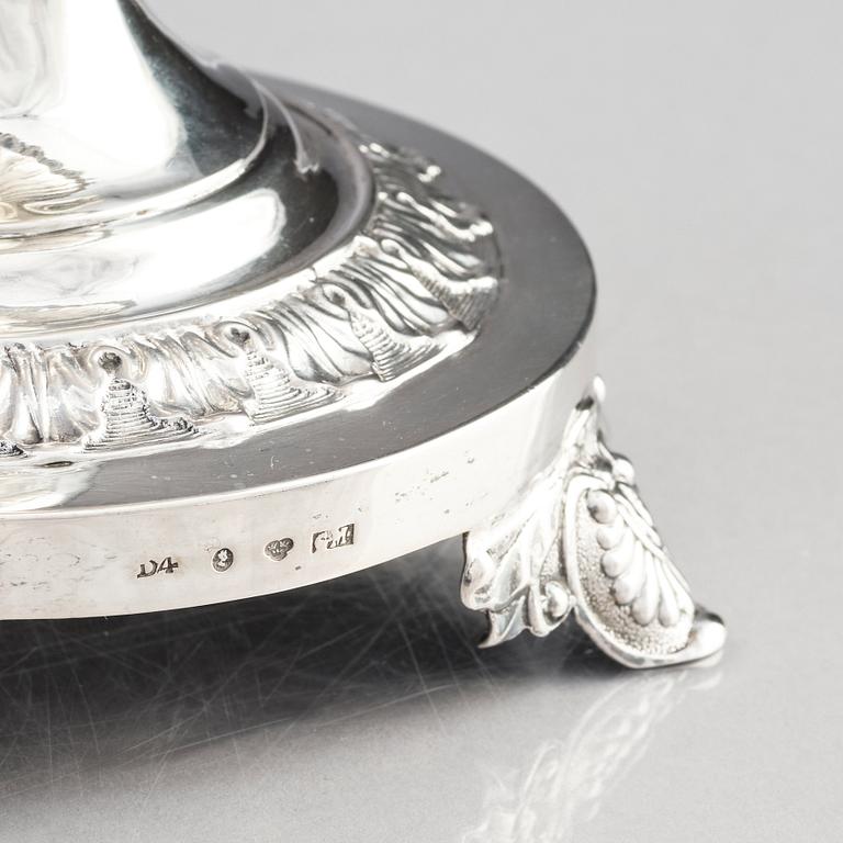 A Swedish Empire silver sugarbowl with lid and sprinkle spoon, mark of Gustaf Möllenborg, Stockholm 1834.