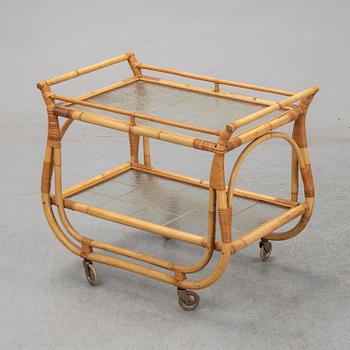 A bamboo and rattan drinks trolley, mid 20th Century.