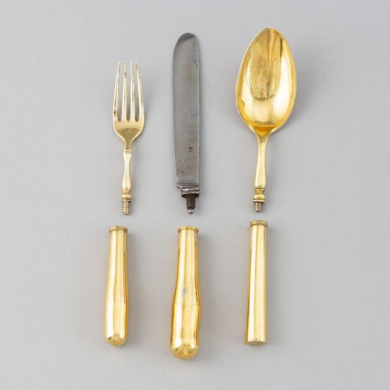 A seven piece set of silver-gilt travel-cutlery and box, unidentified makers mark, possibly Germany 18th century.