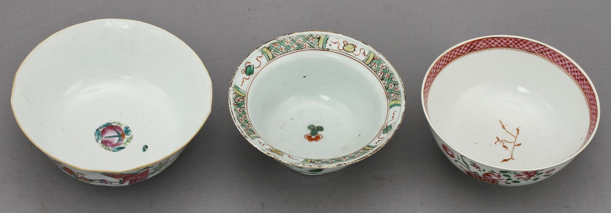 SKÅLAR, 3 st, porslin, Kina, 1700/1800-tal.