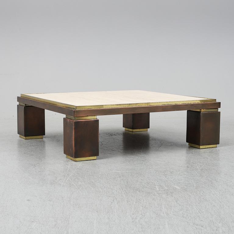 A travetine and brass sofa table, 1970s, probably Belgo Chrome.