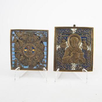 A set of five Russian brass and enamel icons 19th/20th century.