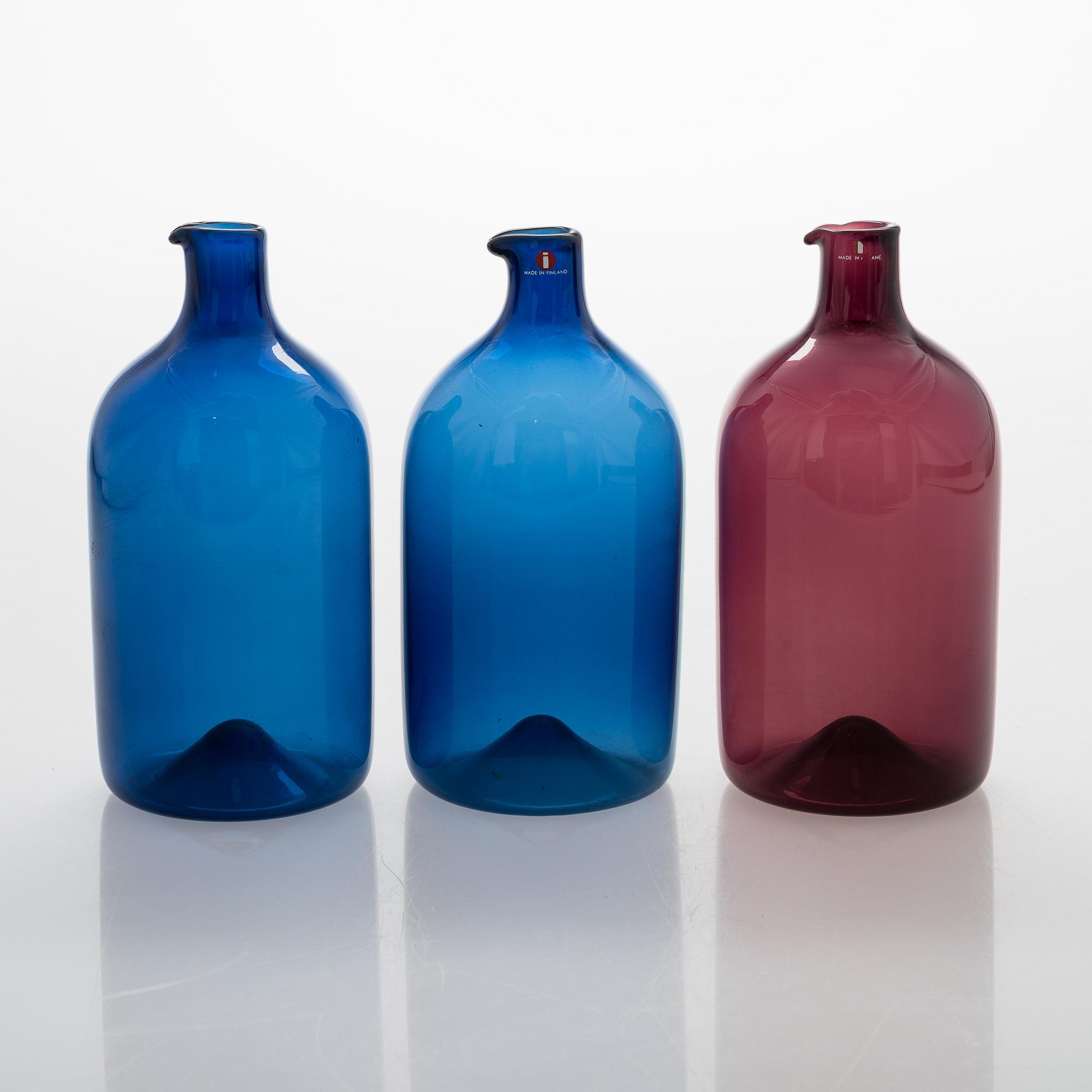 Timo Sarpaneva, "Fågelflaskor", 3 st, Iittala, signerade TS.