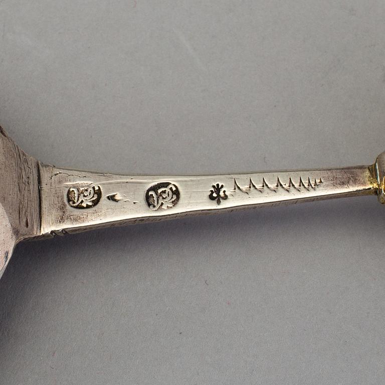 A Swedish 18th century parcel-gilt spoon, mark of Casimir Friedrich Meidt, Karlskrona (1712-1723(-44)).