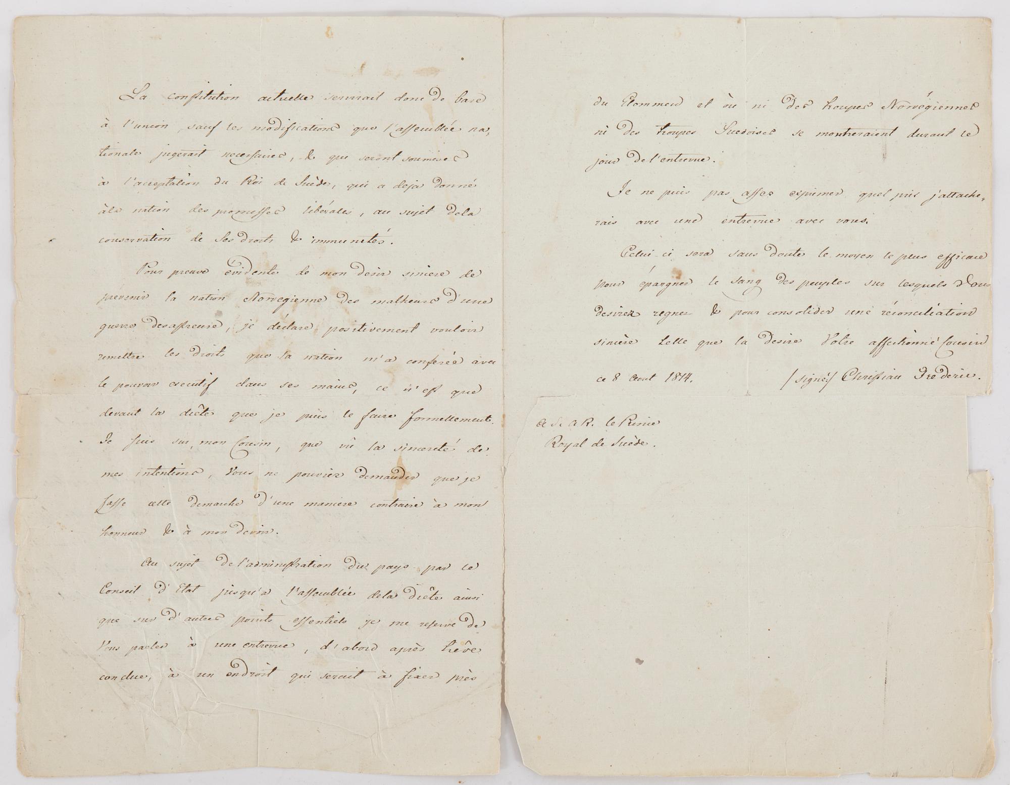 SAMTIDA BREVAVSKRIFTER, 4 st, Prins Christian Fredrik av Danmark-Kronprins Karl Johan av Sverige, Juli-Augusti 1814.