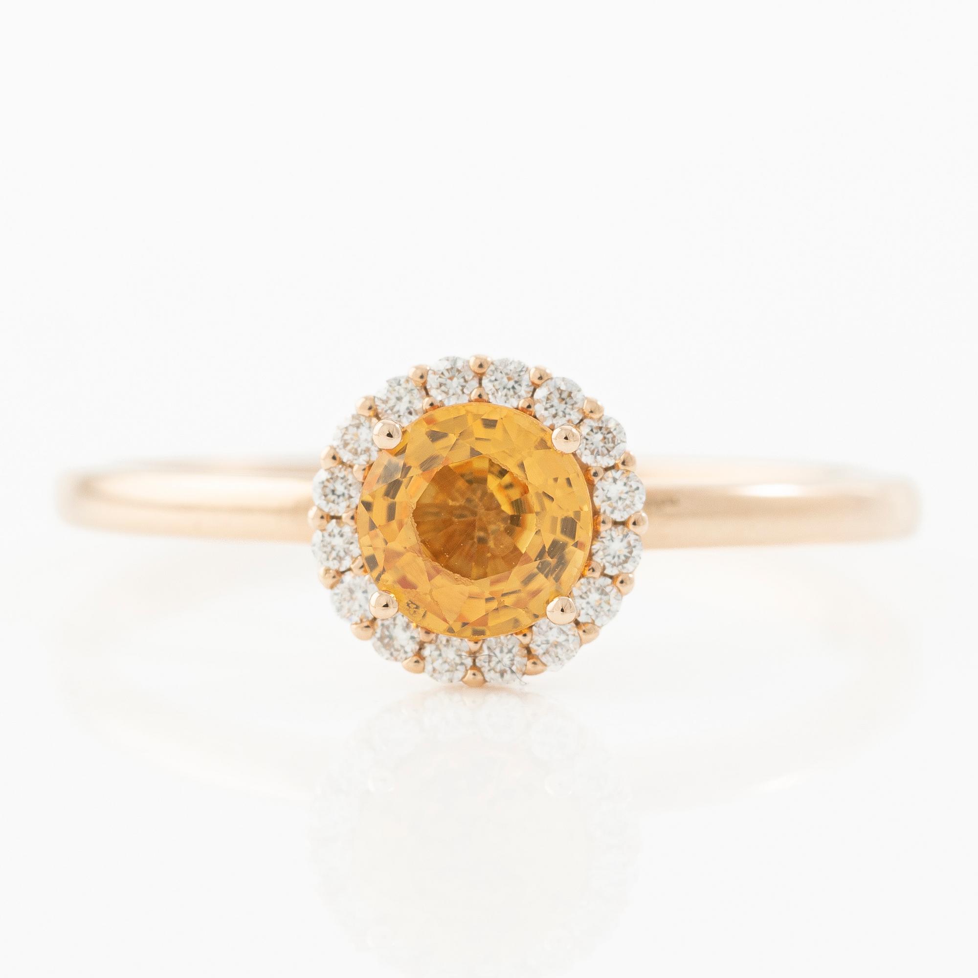 Ring 14K rose gold with orange sapphire and brilliant-cut diamonds.