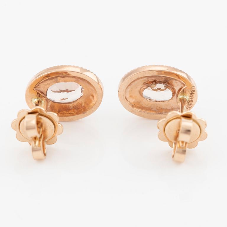 A pair of earrings in 14K rose gold with faceted morganite and round brilliant-cut diamonds.