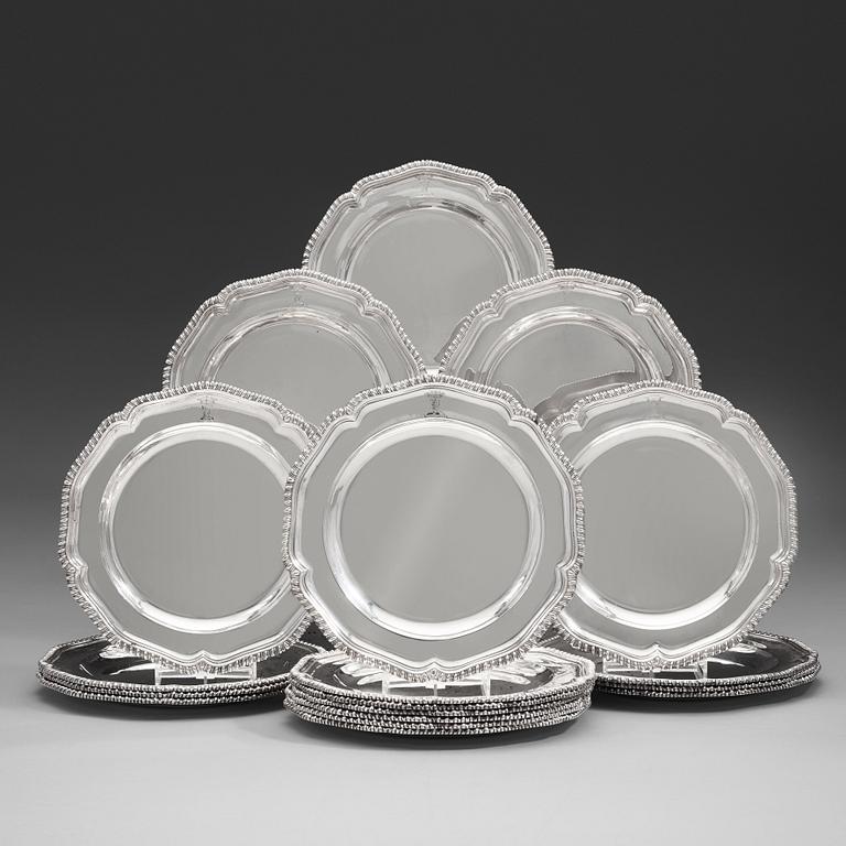 A set of 18 English silver plates, mark possibly of William Stroud, London 1808.