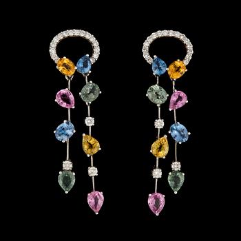 235. A pair of multi coloured sapphire and brilliant cut diamond earrings.
