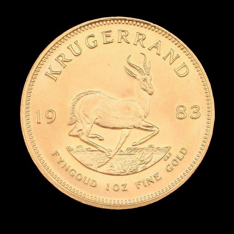 GULDMYNT, finguld, Krugerrand, Sydafrika, 1983. Vikt ca 34 g.