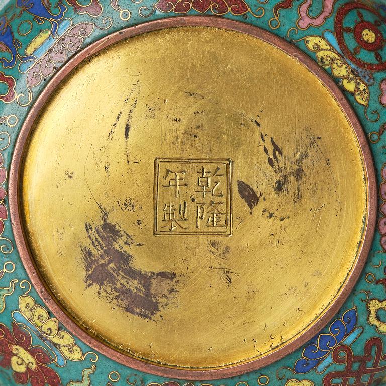 A cloisonne 'Sanskrit' dish, Qing dynasty, with a Qianlong mark and of the period (1736-95).