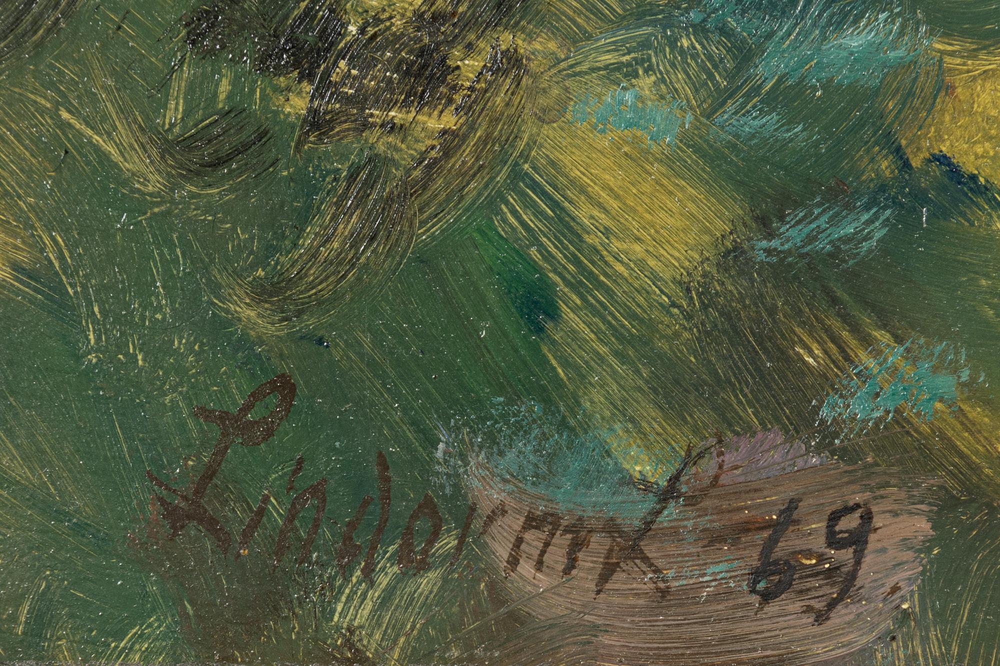 Lindorm Liljefors, Skogslandskap med jägare, hund och tjäder.