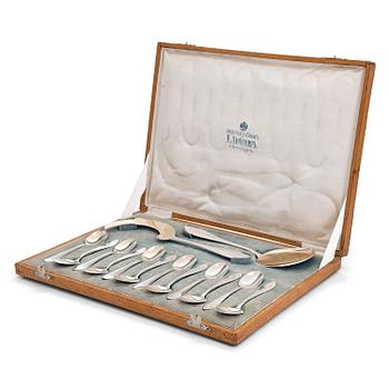 A 14-piece silver ice cream cutlery set in original box, maker's mark of Alexander Ljubavin, Saint Petersburg  1908-17.