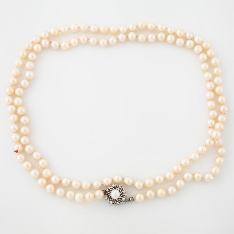 A cultured pearl necklace.