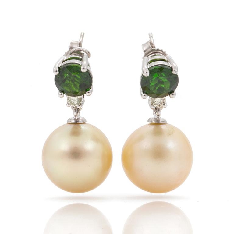 A pait of diposide, diamond and cultured South Sea pearl earrings, signed Max Prus.