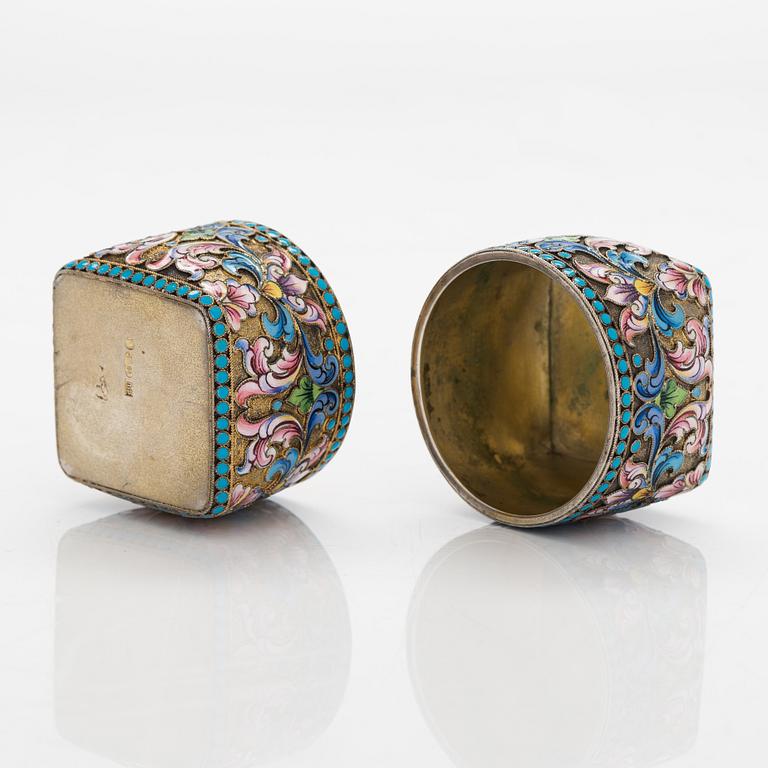 A pair of cloisonné enamel and gilt silver salt cellars, Cyrillic maker's mark F.P, Moscow 1908-26.