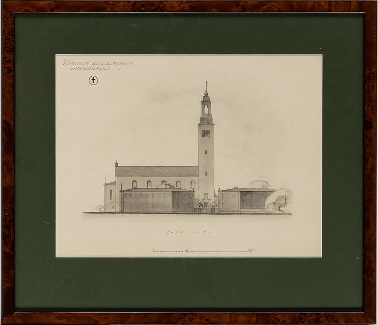 Three architectural drawings, pencil, 20th Century.