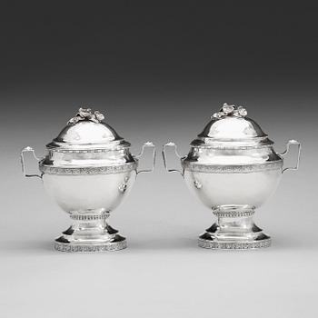 902. A pair of Swedish 18th century silver sugar-bowls and covers, mark of Anders Brandt, Norrköping 1781.