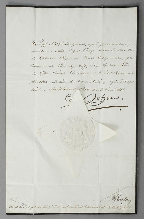 KARL XIV JOHAN AV SVERIGE OCH NORGE, dokument med kunglig autograf, egenhändigt signerat samt med sigill, daterat 1818.