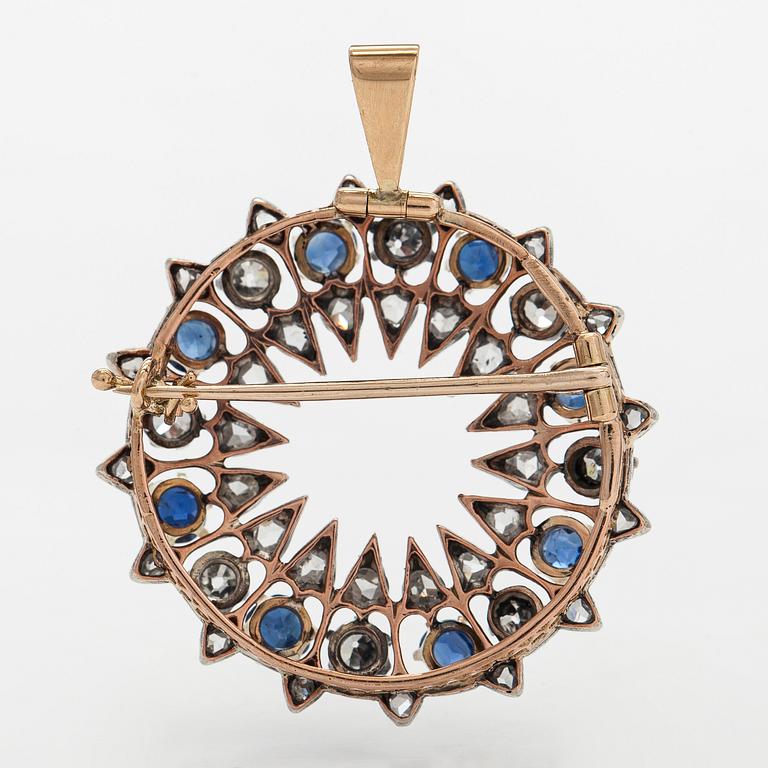 Brooch/pendant, ca 16K gold, set with sapphires, old mine and rose-cut diamonds.