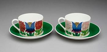TEKOPPAR med FAT,6 st, porslin. Stig Lindberg, Gustavsberg 1970-tal. Tahiti.