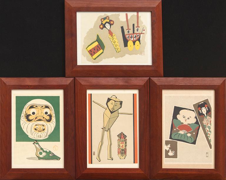 Four Takeo Takei color lithographs, Japan mid 20th century.