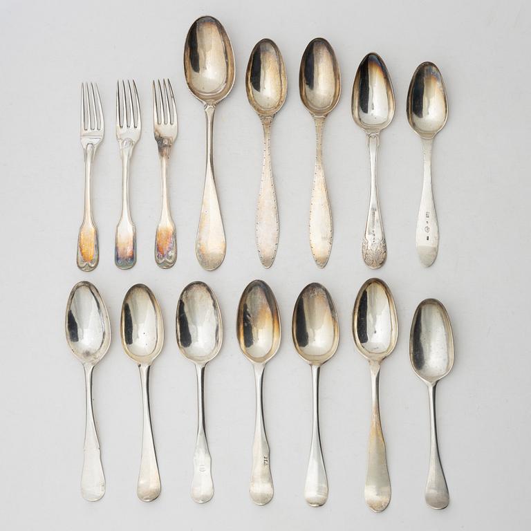 14 pieces of older silver spoons and forks, Sweden, 18th & 19th century.