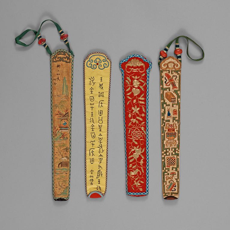 A set of eleven embroidered silk, gold and silver thread small cases, late Qing dynasty (1644-1912)/Republic (1912-1949).