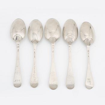 Five swedish silver spoons, 18th century.