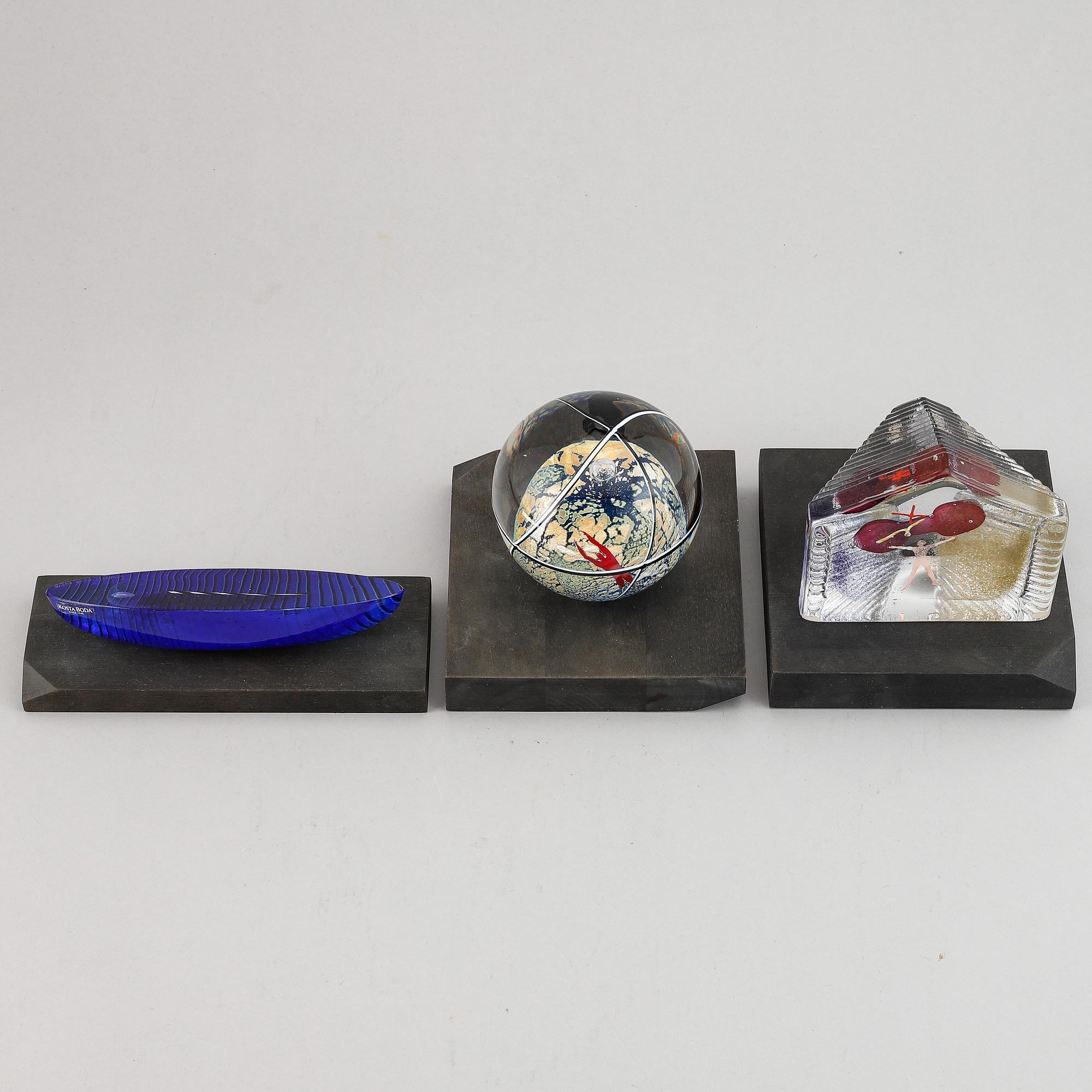 Bertil Vallien, three Kosta Boda glass sculptures.