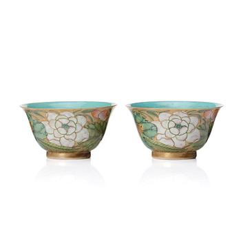 856. A pair of Chinese gilded and enamelled lotus cups, Qing dynasty, late 19th Century.