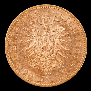 GULDMYNT, 20 mark, Wilhelm Kaiser von Preussen, 1883. Vikt ca 8 g.