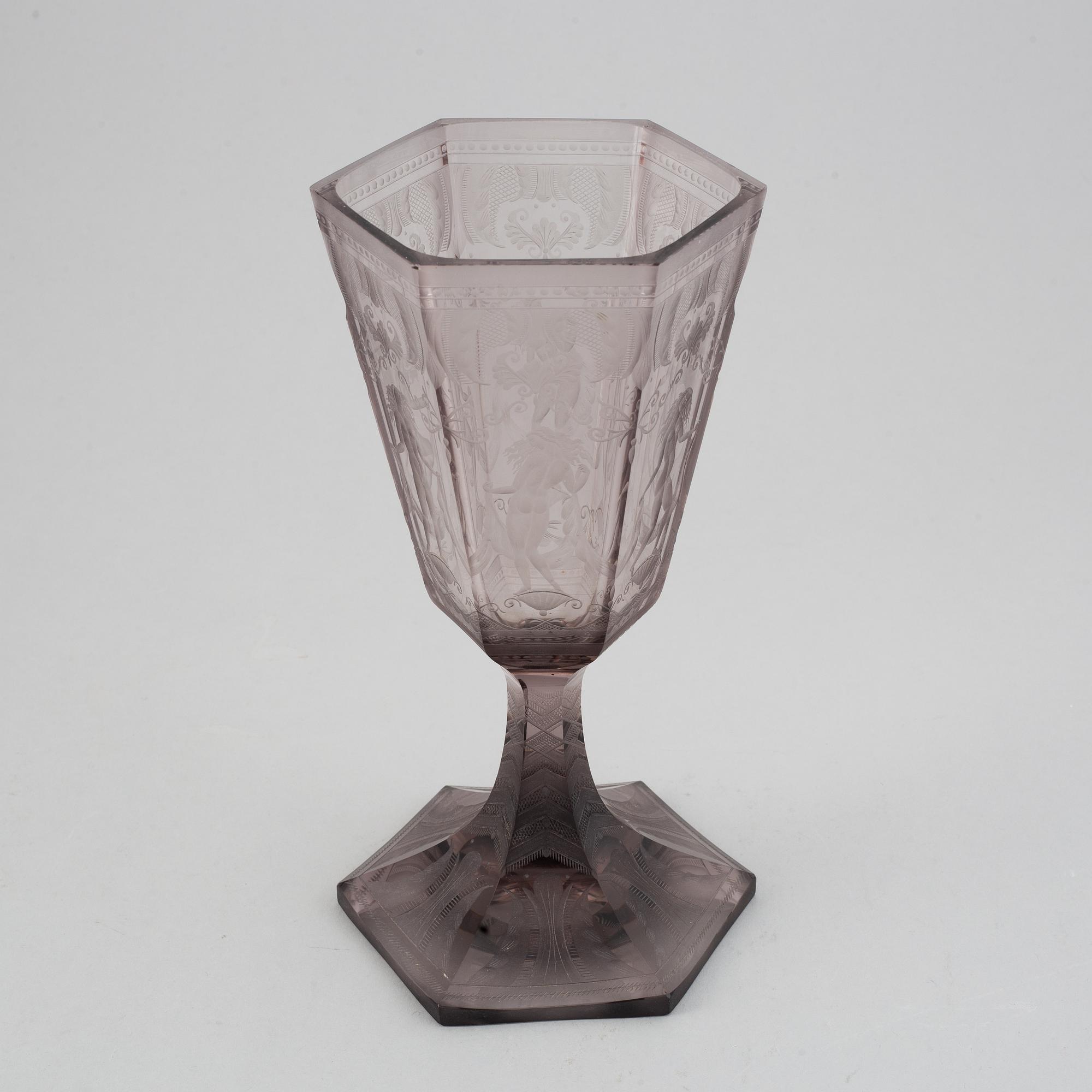 Simon Gate, an engraved glass goblet " Six Graces", Orrefors, Sweden 1925, model 154, engraved by Elis Rydh.