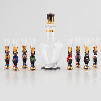 Gunnar Cyrén, eight 'Nobel' schnapps glass and a decanter with stopper, Orrefors, Sweden.