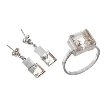 809. A pair of Wiwen Nilsson sterling and rock crystal earrings and a ring, Lund 1940 and 1943.