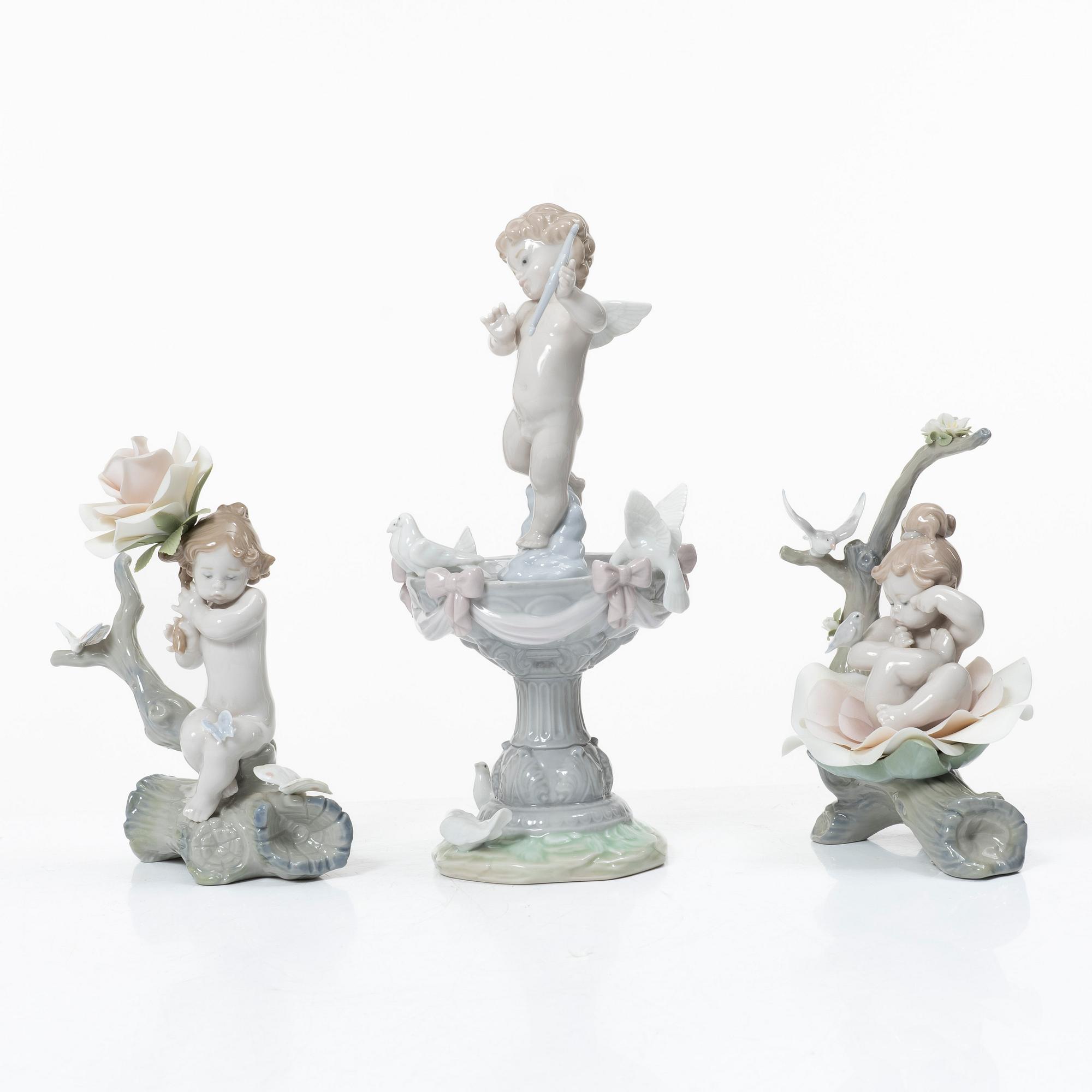 Lladró, figuriner, 3 st, "Fountain of love", "Born in springtime" samt "Somewhere in the garden", Spanien.