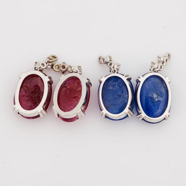 A pair of earrings set with cabochon cut sapphires, rubies, eight and brilliant cut diamonds.