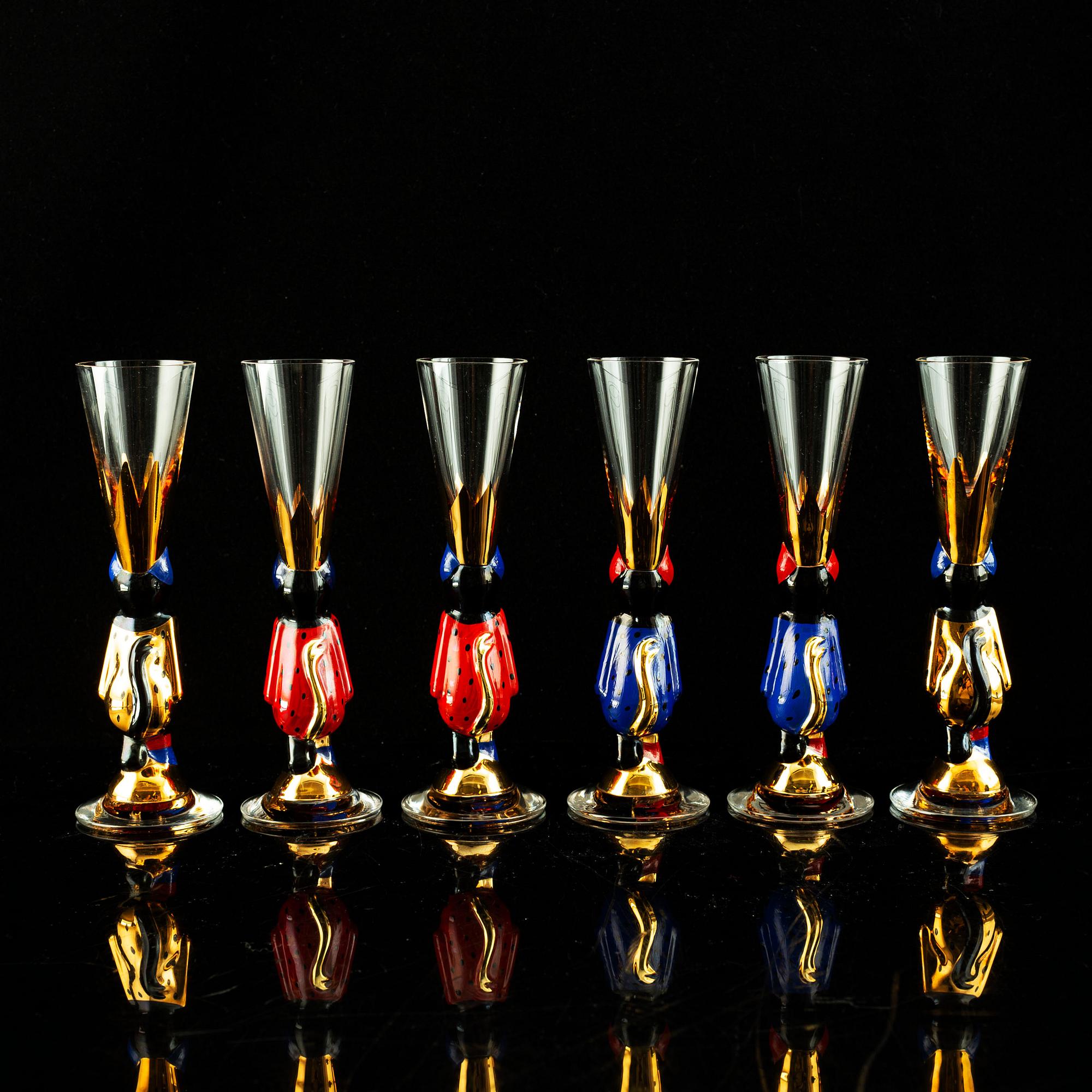 Gunnar Cyrén, a set of six "Devil" shot glasses and a decanter from the "Nobel" series, Orrefors Sweden post 1996.